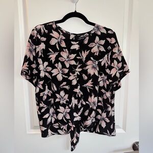 Madewell Black Blouse with Pink Floral and Front Tie